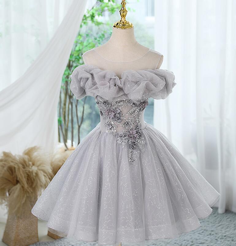 パーティー ドレス ミニ丈 膝丈 カラードレス グレー きらきら Ａライン ボリューム ミニ ノースリーブ 胸元フリル 可愛い 成人式 お誕生日 演奏会 発表会 舞 お姫様