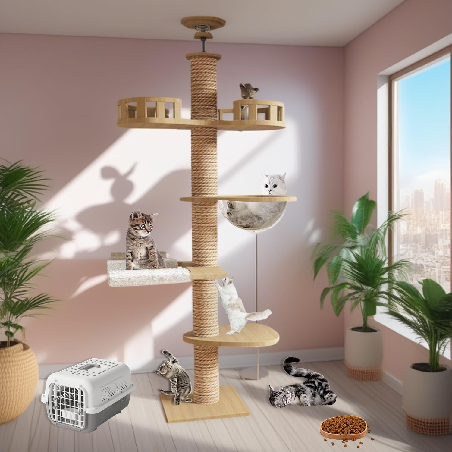 キャットタワー 突っ張り 木製 大型猫 コットン紐 スリム 木登り 多頭飼い キャットツリー シニア 据え置き 11cm太い支柱 猫タワー 中型 猫キャットタワー おしゃれ コンパクト 省スベース 木