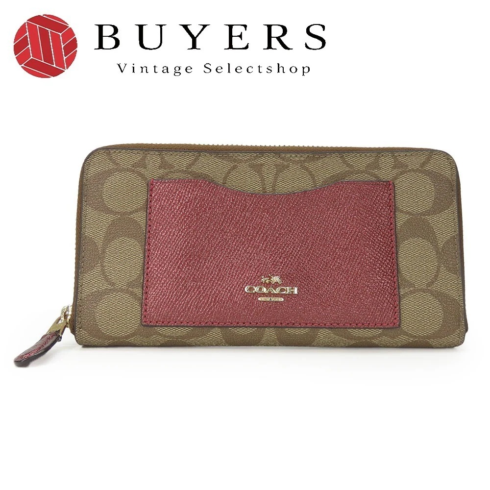 中古 長財布 F22712 シグネチャー レザー メタルレッド ブラウン ゴールド金具 ラウンドファスナー 小物 レディース 女性