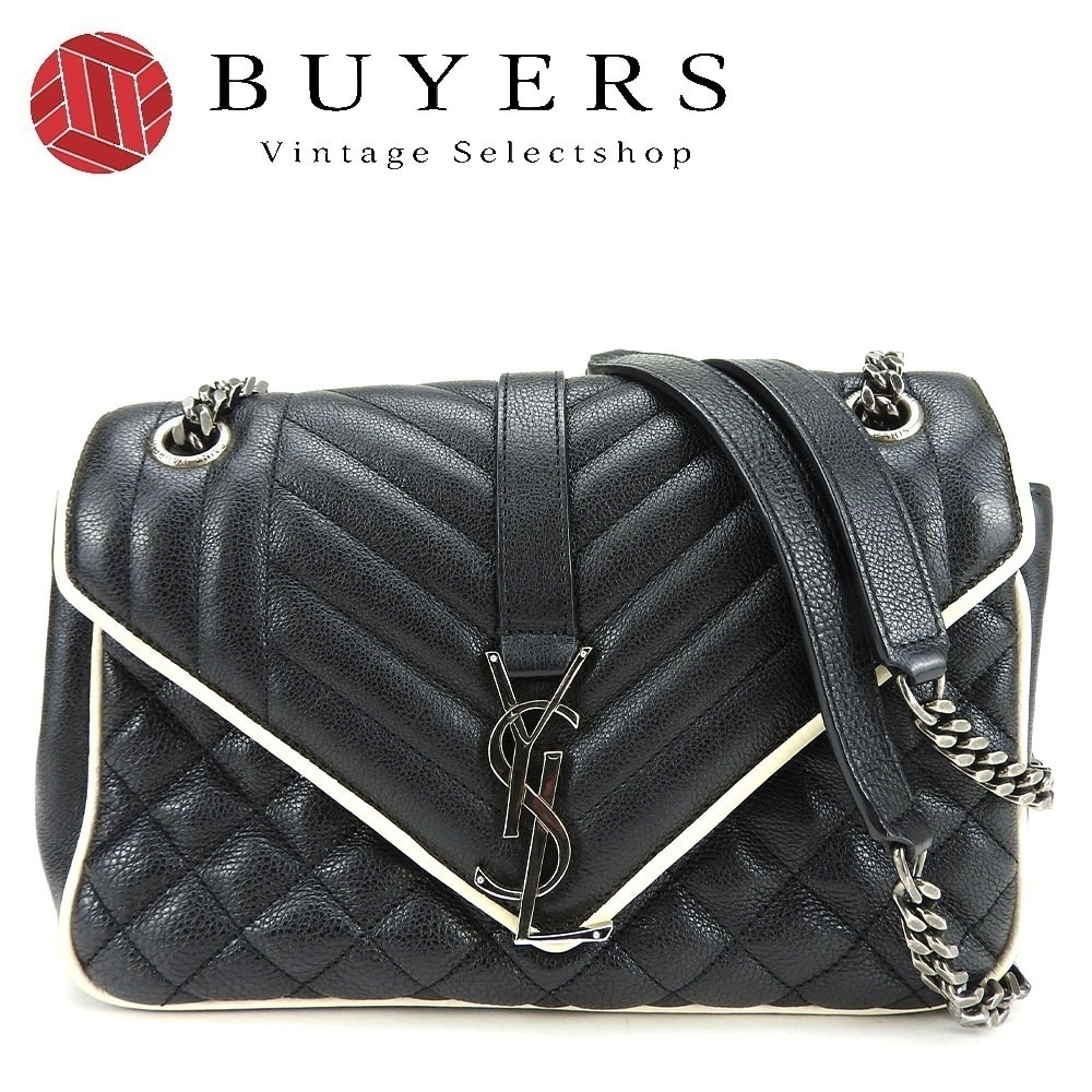 中古 ショルダーバッグ サッチェル エンヴェロープ レザー ブラック アイボリー シルバー金具 肩掛け 斜め掛け YSL レディース 女性