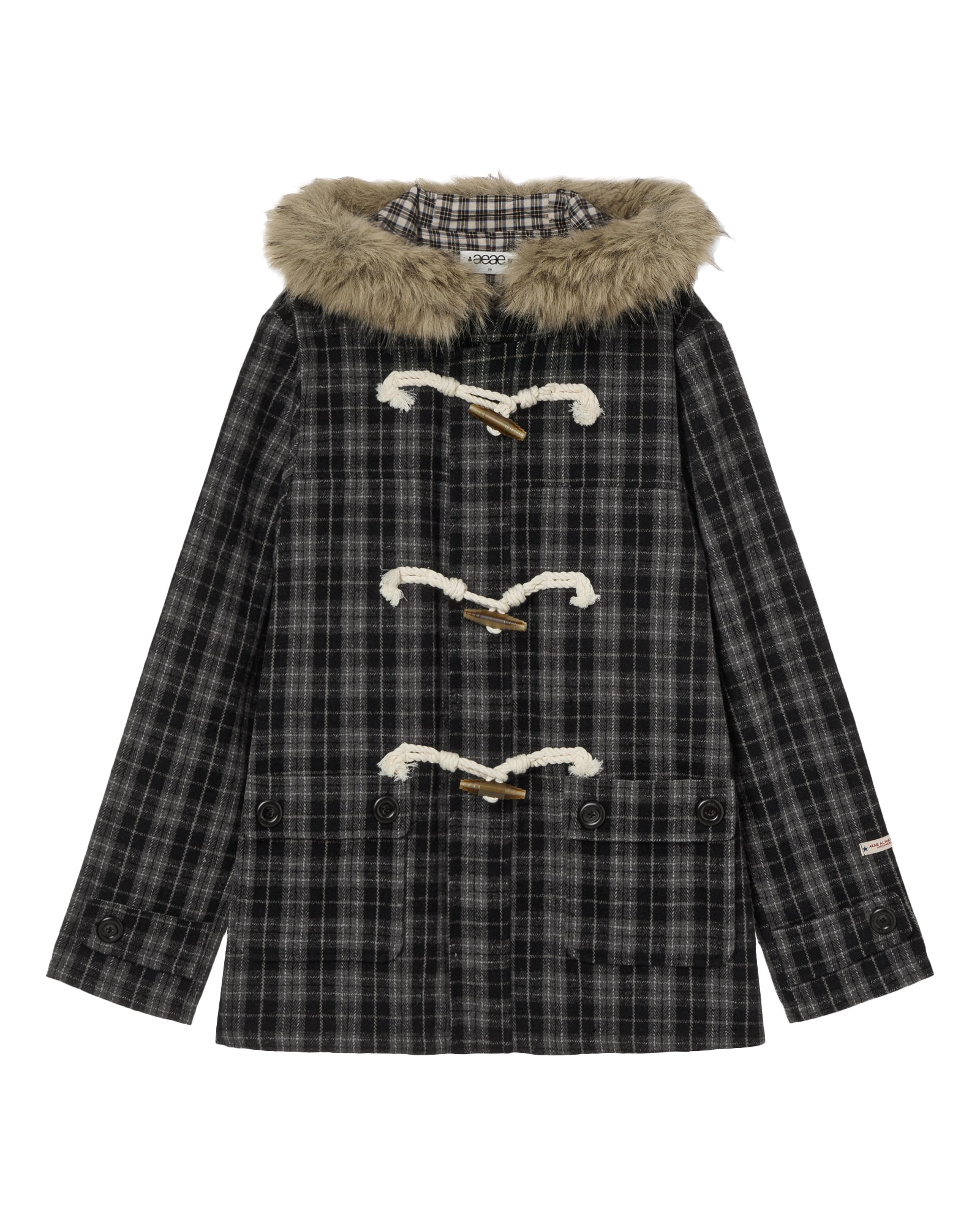 【aeae】 25SFW FUR HOOD DUFFLE COAT : CHECK BLACK