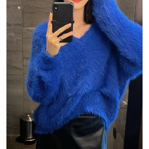 ニット レディース 長袖 セーター シャギーニット Vネック トップス 秋冬 ニットセーター シンプル カジュアル 白 ゆったり 韓国 ファッション M L XL 2XL 3XL ブルー ホワイト