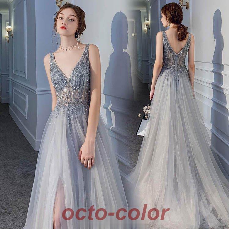 オフショルダードレス イブニングドレス Vネック ドレス パーティードレス キラキラ スリット ロングドレス 20代 30代 40代 背中開き 披露宴 発表会