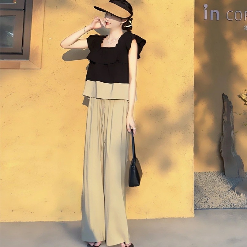 セットアップ レディース ブラウス シャツ トップス パンツ 配色 おしゃれ ツーピース ２点セット ロングパンツ 半袖 スクエアネック きれいめ カジュアル エレガント 大人 可愛い フェミニン ブ 4,899円