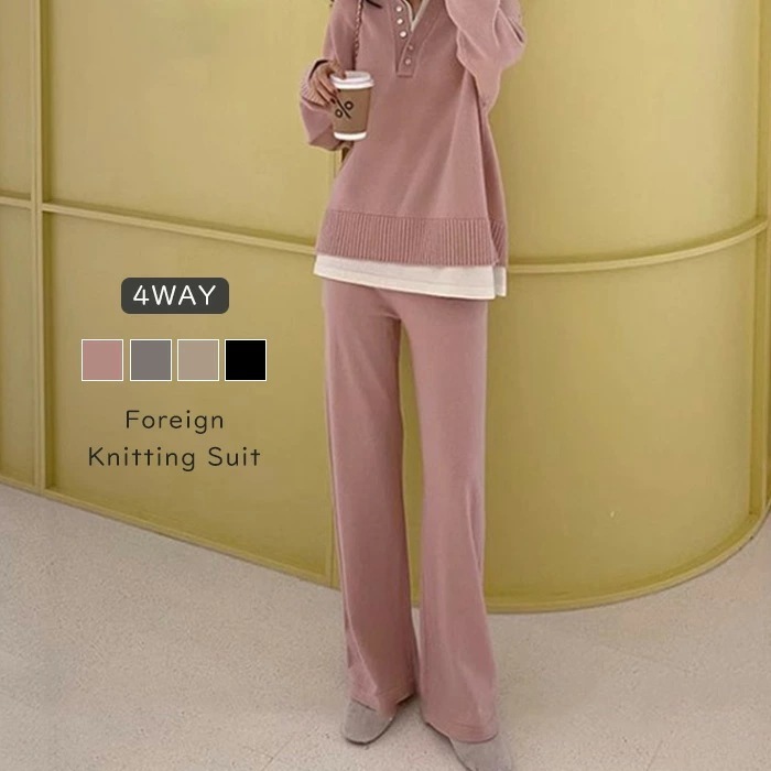 レイヤード風 セットアップ ニットセットアップ レディース 2点セット セーター フェイクレイヤード 春 秋冬 パンツ ロング丈パンツ 長袖 秋 冬 ワイドパンツ ゆったり 上下セット ファッション