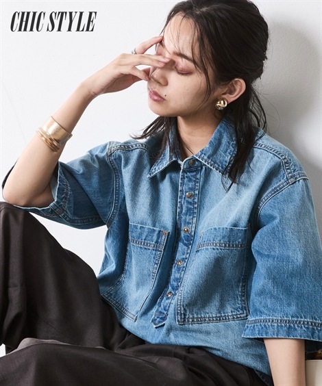 シャツ・ブラウス 綿100％ライトオンスデニム5分袖プルオーバーシャツ 大きいサイズ有 シックスタイル