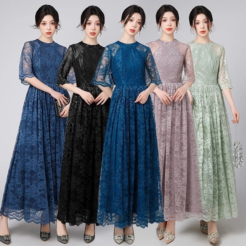 【3日で出荷】【縁夢】 七分袖 イブニングドレス ドッキング レース シフォン ロングワンピース チュール イブパーティードレス キャバ 着痩せ 大人 同窓会 披露宴 卒業式 結婚式 演奏会 ウェディ