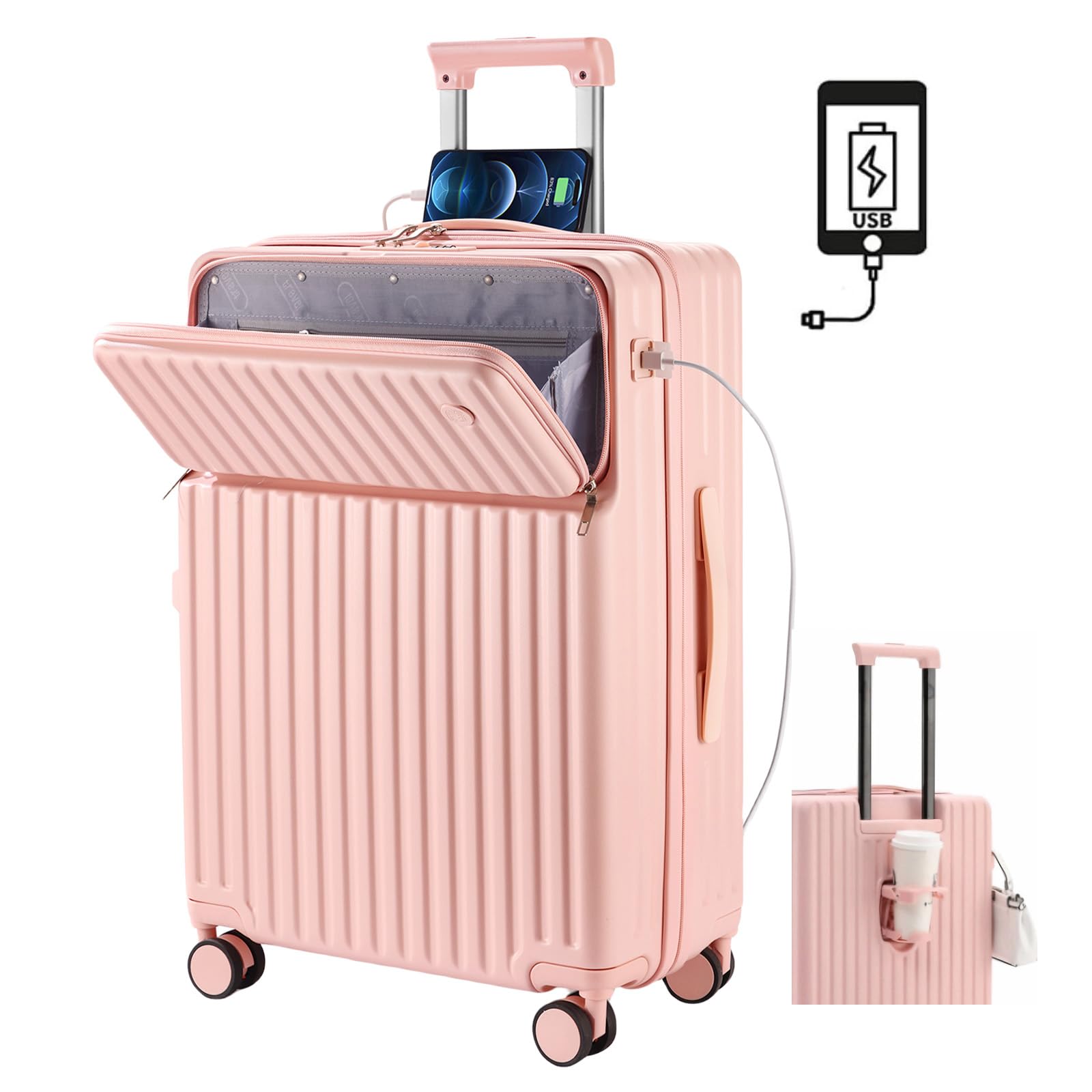 [RoamRover] スーツケース フロントオープン 機内持ち込み キャリーケース usbポート付き キャリーバッグ カップホルダー付き パソコン収納ポケット 前開き 荷物フック 充電機能 トップオ
