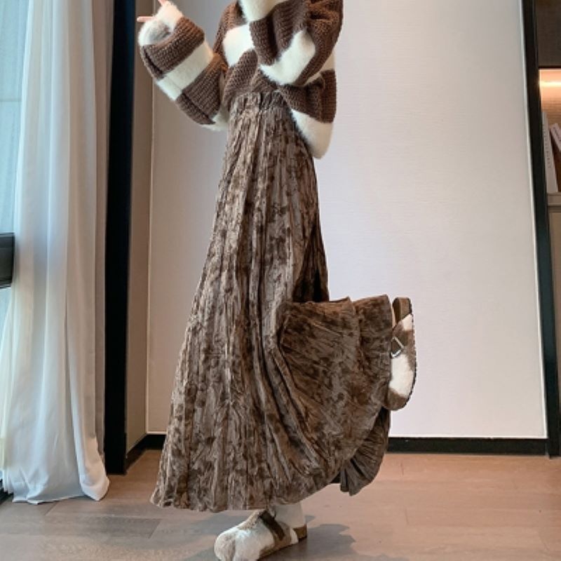 スカート プリーツスカート ロング マキシ丈 Aライン プリーツ ハイウエスト リブ ウエストゴム ポリエステル 大人 上品 おしゃれ 大人女子 存在感 フォーマル 柄 春 秋 レディース 通勤