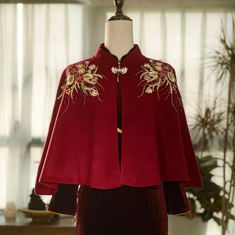 ショール チャイナドレス パーティー マザーズ きれいめ レディース 婦人 赤い チャイナ ケープ マント 女性 スタイル アウター コート ベルベット 刺繍