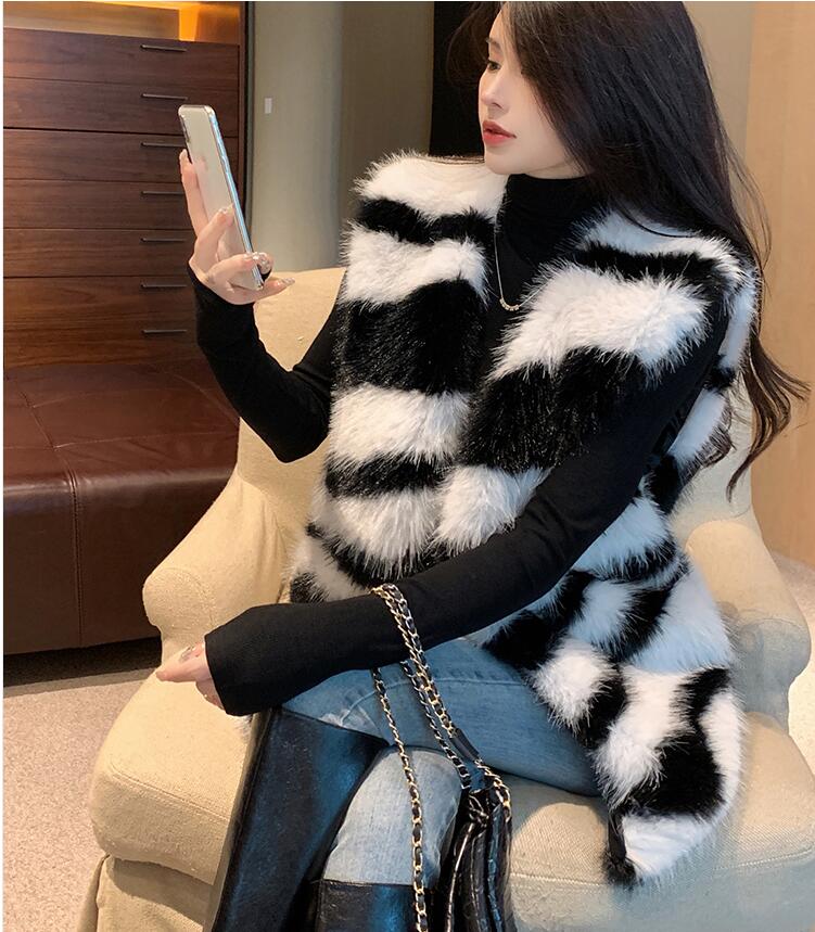 ゼブラ模様狐毛ベストレトロなたっぷり毛糸のジャケット 5,047円