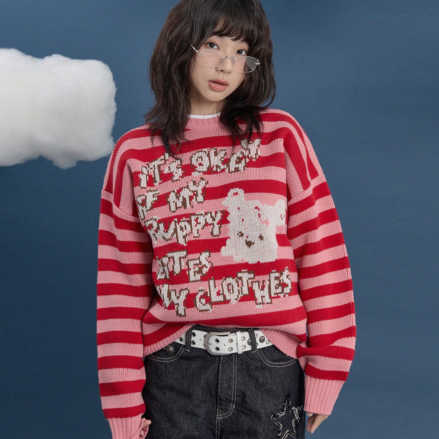 Stripe Puppy Graphic Knit RED