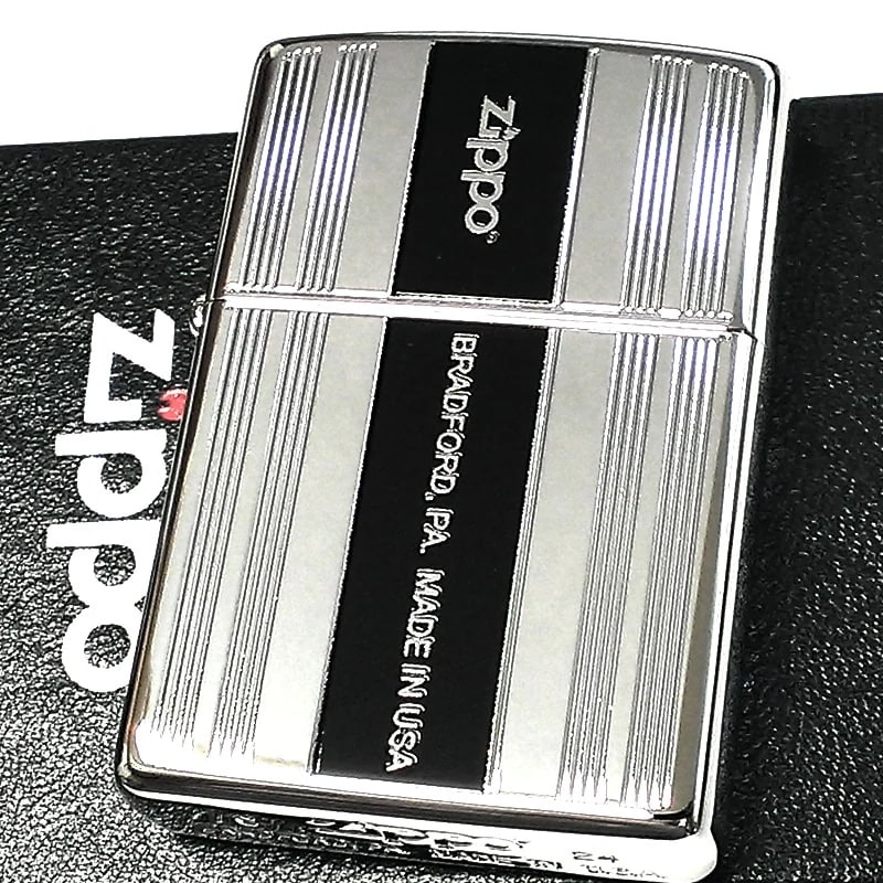 ZIPPO ライター 縦ライン シルバー＆ブラック ジッポ Luxury Line おしゃれ 黒銀 ロゴ かっこいい 彫刻 メンズ レディース ギフト プレゼント