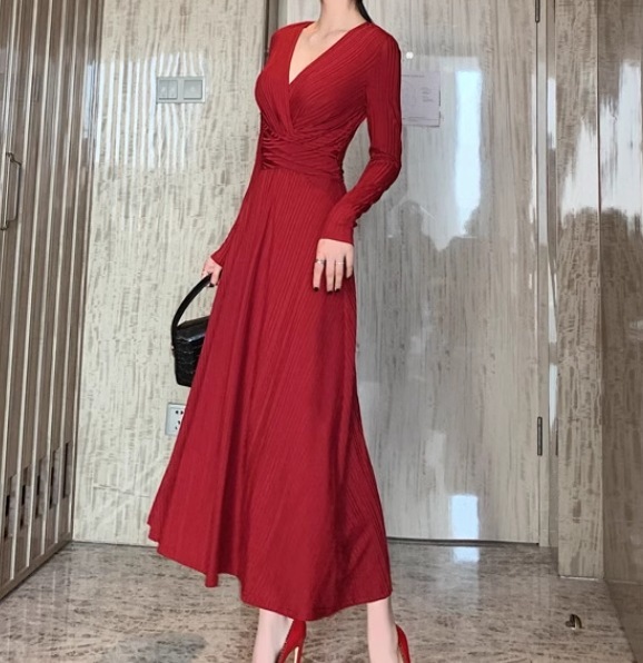 レディース ワンピース ドレス ドレス ロング アンクル丈 Vネック カシュクール フレア フェミニン プリーツ タック タックプリーツ シフォン ウエストマーク ハイウエスト 薄手 きれいめ 上品