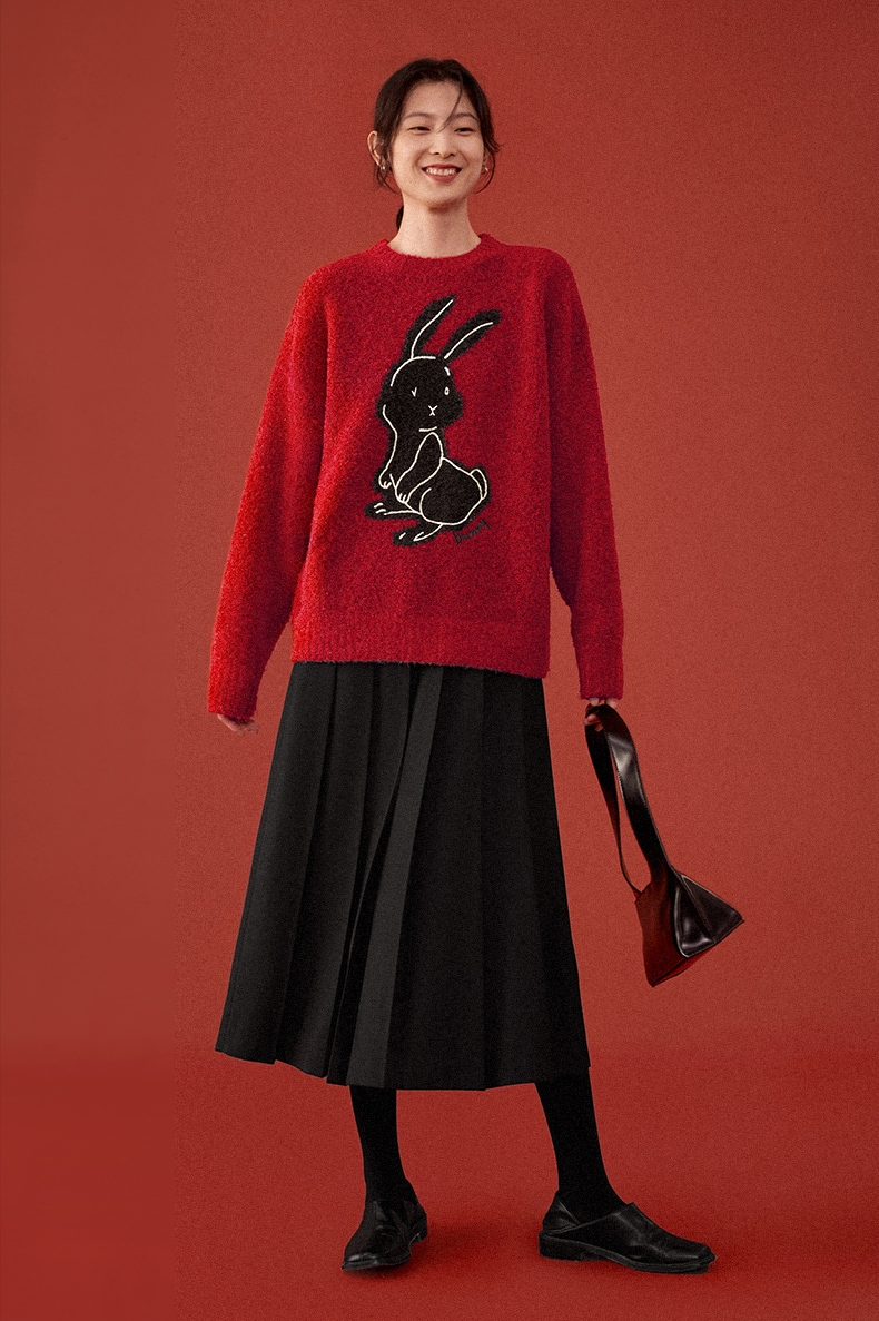 レディース カジュアル うさぎ プルオーバー セーター 女性 冬 ルーズ トップス セーター レッド ホワイト グレー S M トップス 袖あり かわいい 大人可愛い きれいめ シンプル カジュアル