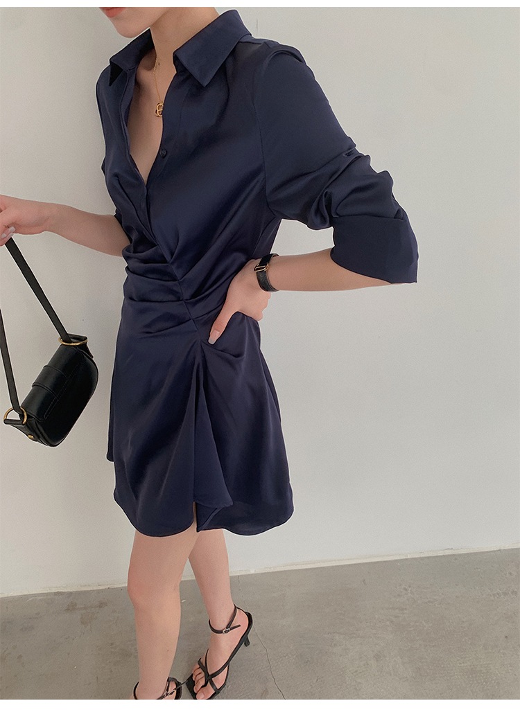 レディース ファッション ワンピース ドレス 女性 秋 長袖 ウエスト V ネック シャツ スカート ネイビー ＳＭＬ ワンピース かわいい 大人可愛い きれいめ シンプル カジュアル 大人 上品