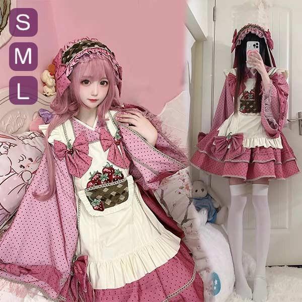 即納 ロリータ 上下セット スカート可愛い お姫様 Lolita ロリータ服 和風 ロリータ リボン イチゴ柄 刺繍 可愛い アイドル衣装 コスチューム