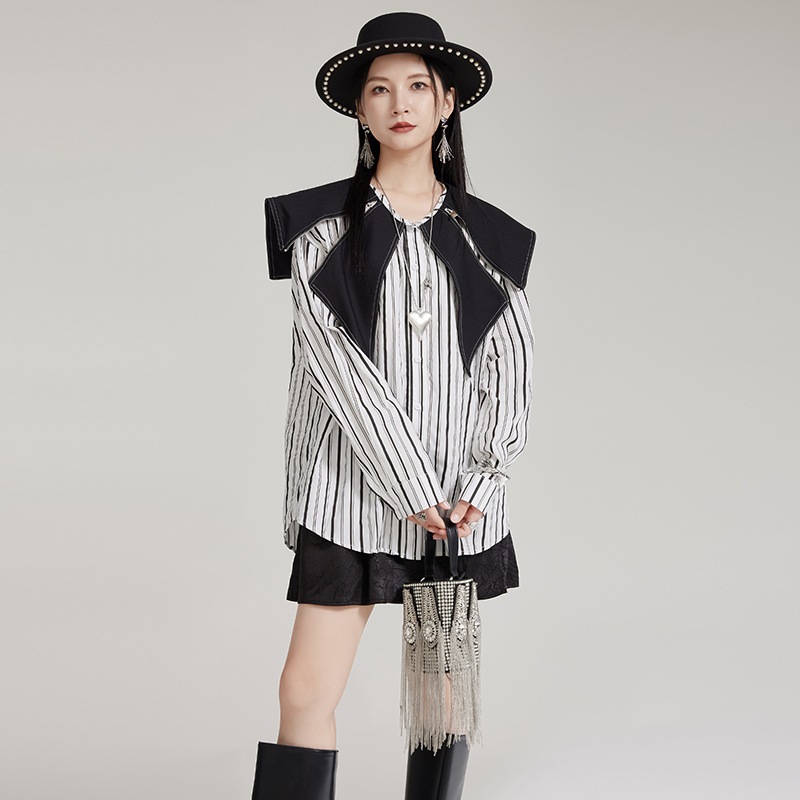 日中2025フランス式上着ファスナー大襟衝突色ゆるい大版郭形怠惰シャツ中長タイプ