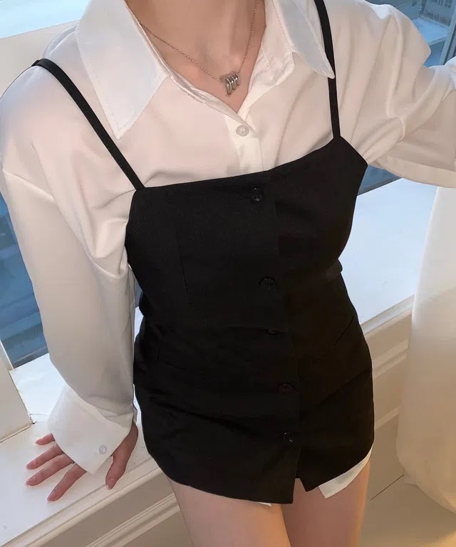 [ツーピース] カモ シンプル シャツ ビスチェ セット (2color)