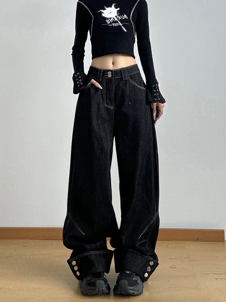 【急速出荷!】25デニムパンツ 裾ボタン ボトムス ジーンズ ハイウエスト デニム ワイドパンツ ルーズ パンツ ズボン レトロ