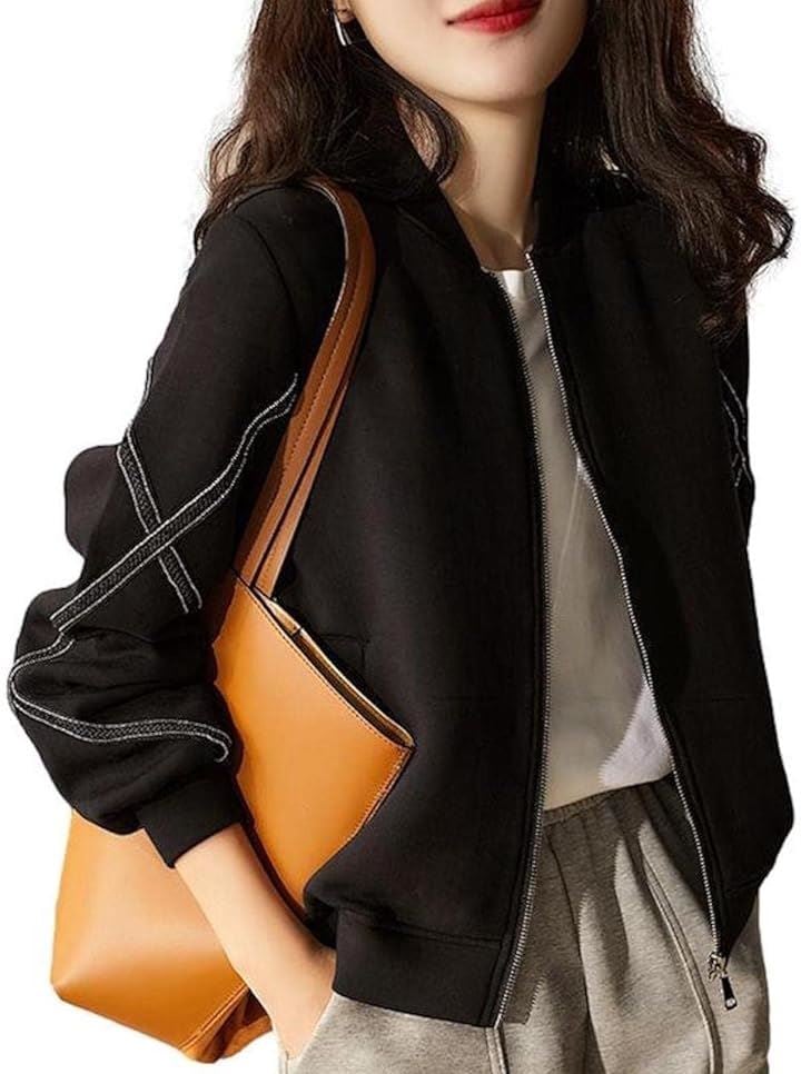 ジップアップブルゾン レディース クロスデザイン袖 ショート丈 アウター オーバーサイズ 裏地なし ハリ素材 ゆったり ジッパーブルゾン 甘辛 辛口 エレガント(ブラック, XL)