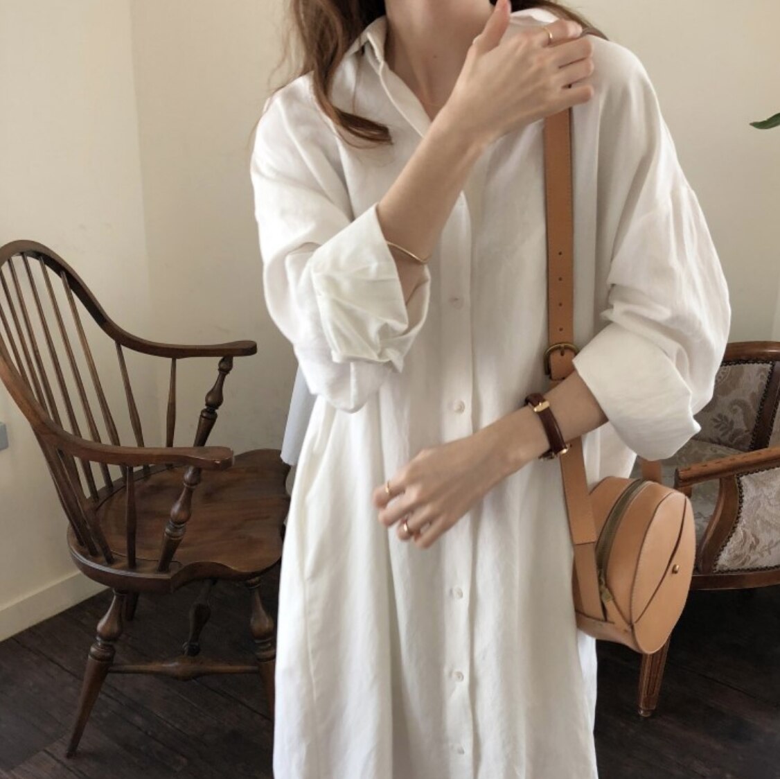 ワンピース シャツ セミフレア Aライン ロング ミモレ 長袖 Vネック 角襟 ストレート 前開き ウエストマーク 薄手 大人可愛い きれいめ シンプル 無地 デート お出かけ XL 大きい 5,780円