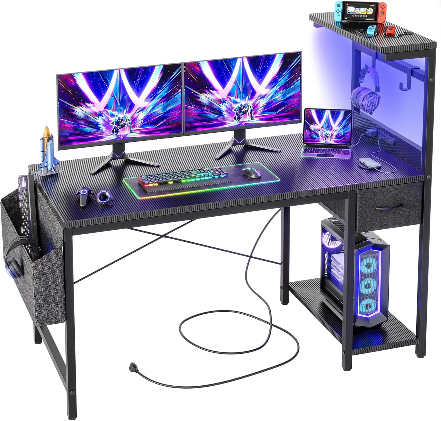 TIQLAB LEDゲーミングデスク 100×50cm - 電源コンセント付き パソコンデスク 大型収納棚 引き出し付き 多機能デスク サイドポケット 2つのフック付き 勉強・ゲーム・仕事・在宅勤務用