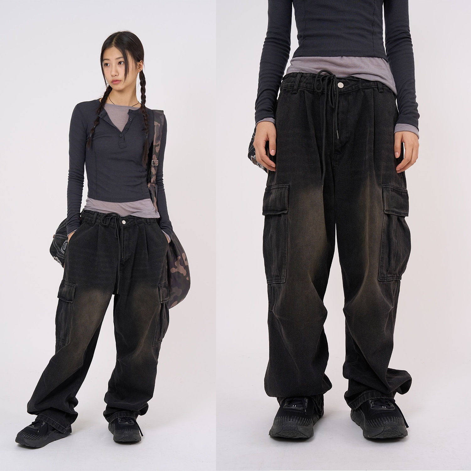 韓国人気2024 F / Wダーククラウドワイドカーゴデニムパンツ