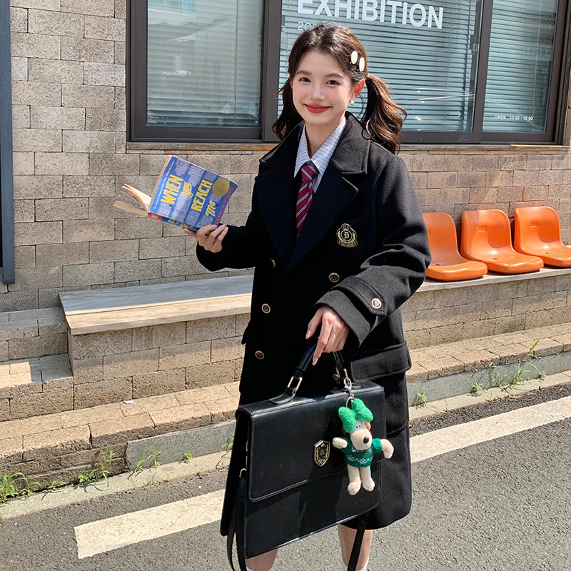 JK制服秋冬新型コートダブルブレストコート黒ロングルーズウールコート女性