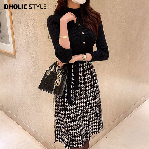 ストラップ付ハウンドトゥースニットワンピース・p204257