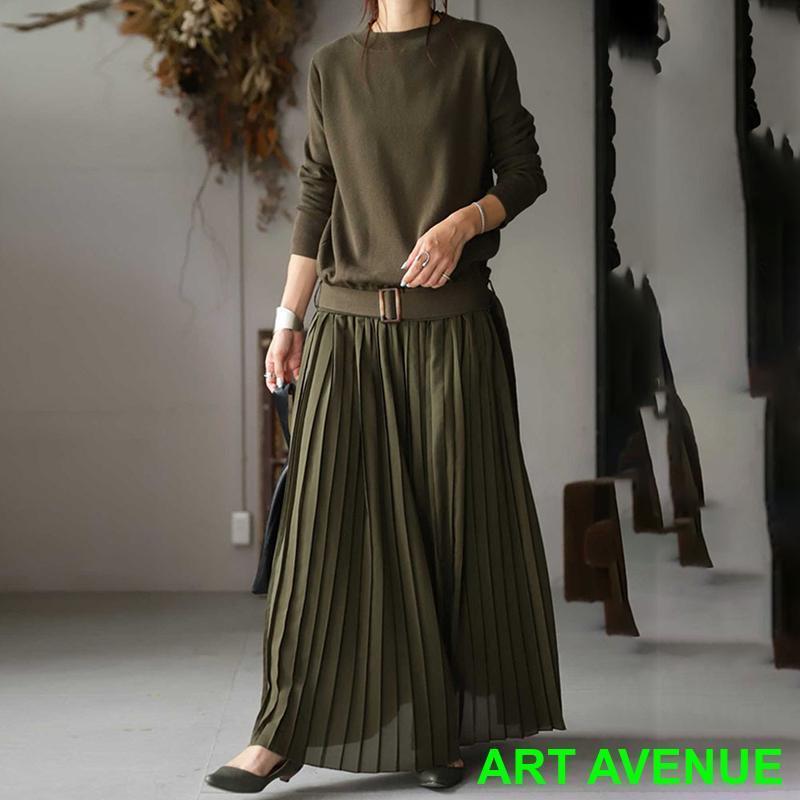 ロングワンピース マキシ丈 レディース 丸首 ニットワンピース カジュアル 切り替え シフォン プリーツ 通勤 二次会 カジュアル 秋冬新作