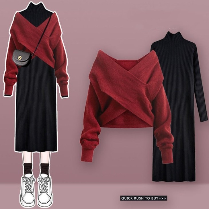 【 今季大注目のアップ】 こだわりデザイン ファッション 不規則 ノー カラー セーター シンプル ロング きれいIライン ワンピース セットアップ 秋 冬 レディース