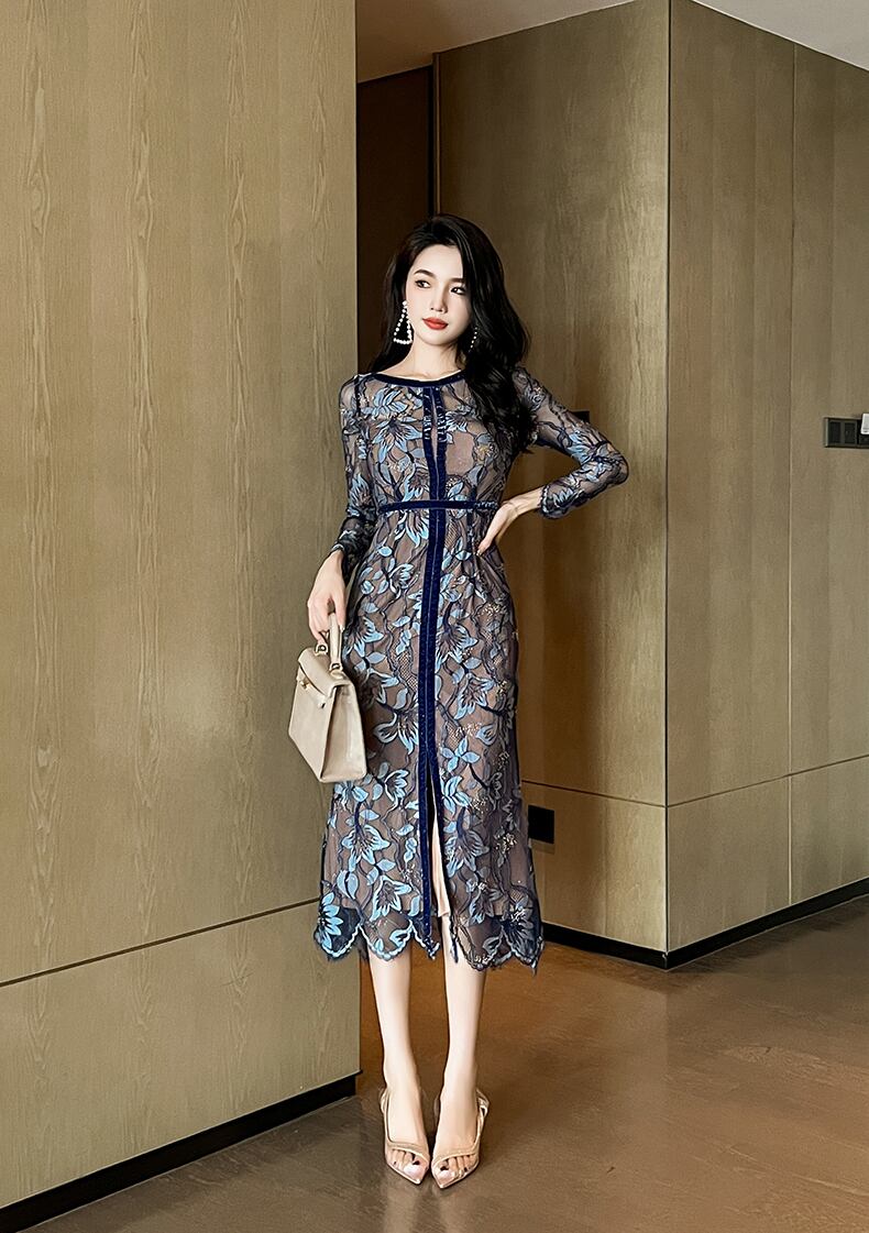 ワンピース ドレス レディース 膝下 ミモレ 7分丈 8分丈 7分袖 ラウンドネック 襟なし タイト スリム 細身 Aライン フェミニン レース 刺繍 ウエストマーク スリット ファスナー ハイウエス