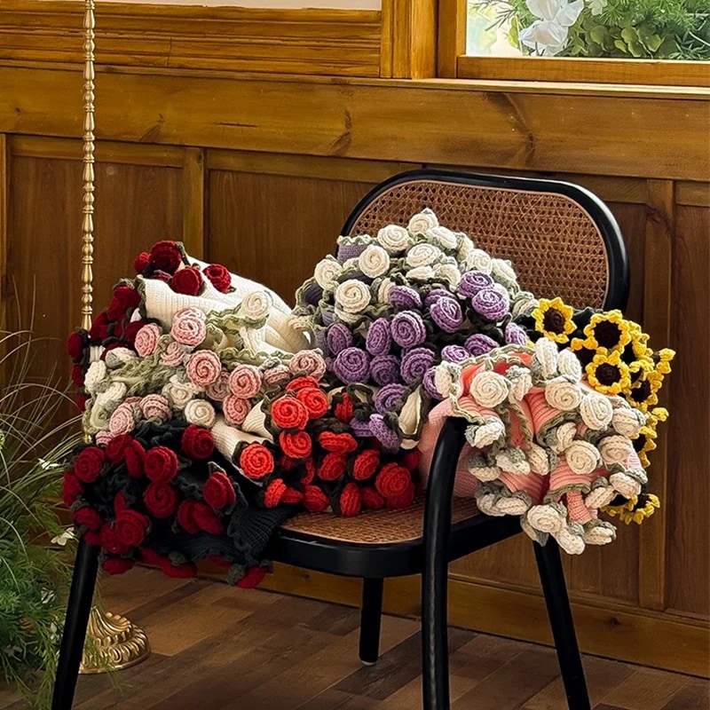 バラの花束ひまわりの花束永遠の花束ニットブランケット手編みのバレンタインデーの母の日ギフトソファブランケットお昼寝用ブランケット