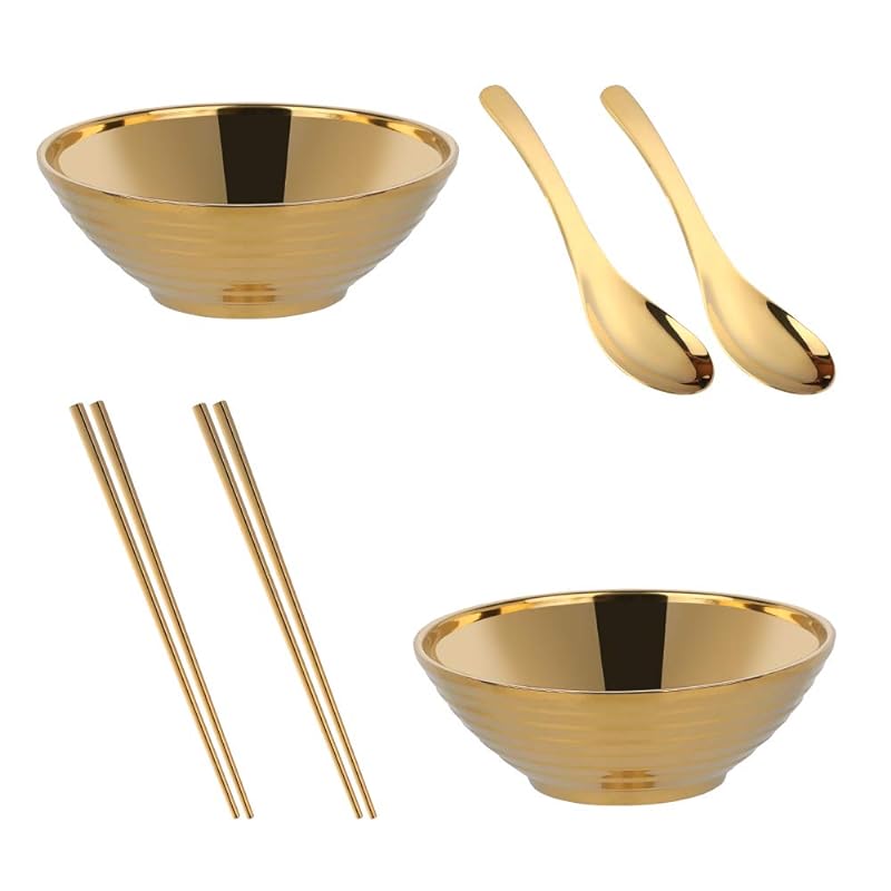 Buyit ラーメンどんぶり 麺鉢 レンゲ 箸 セット 2人用 18-8ステンレス製 二重構造 軽量 ラーメン鉢 ラーメン丼 肉厚が厚い レンゲスプーン 四角 ステンレス箸 丈夫 衛生 洗いやすい ゴ