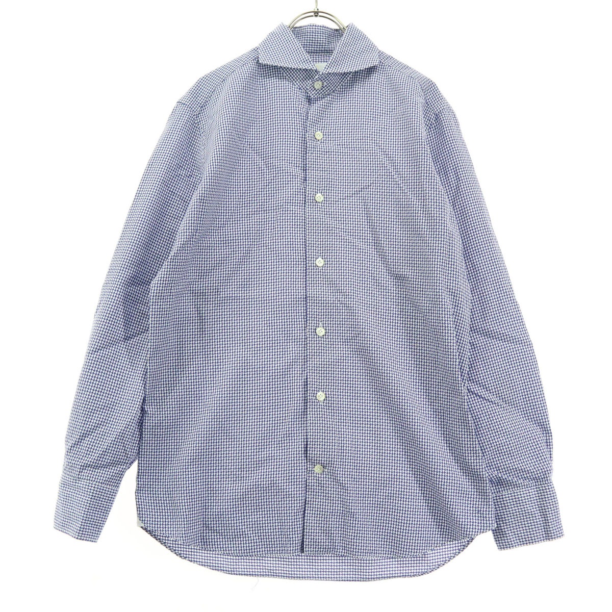 美品 総柄 長袖 コットンシャツ S ブルー メンズ 古着