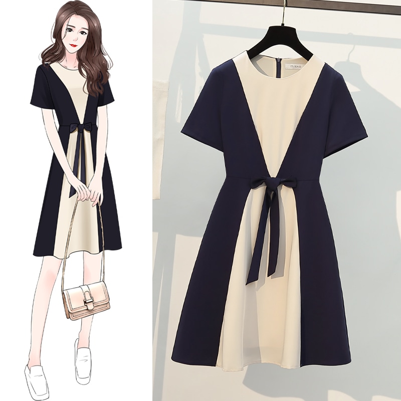 バイカラーワンピース ワンピース フレアワンピース ワンピドレス ミニ ミニ丈 袖あり 半袖 ラウンドネック フレア ウエストマーク ウエストリボン 切り替えデザイン かわいい 大人可愛い きれいめ