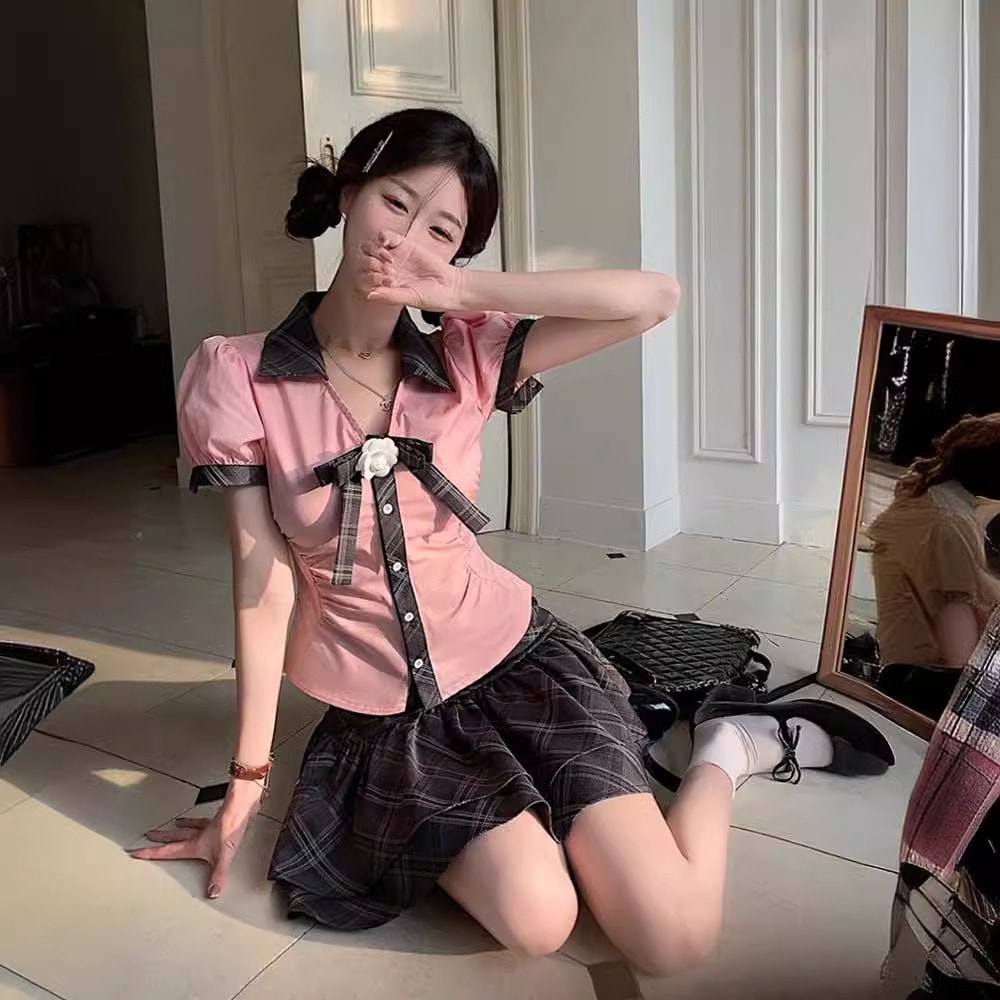 女子高生JK制服セットセクシーな半袖シャツ女性の夏小柄ふくらみのあるスカートツーピースセット