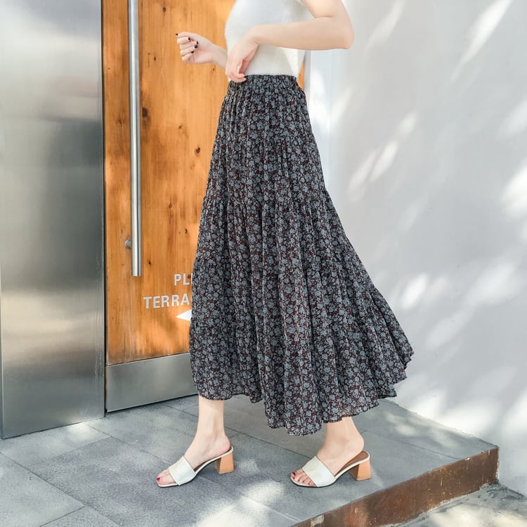 スカート ボトムス ミモレ丈 フレア プリーツ 小花柄 ティアード ニュアンスカラー フラワー フローラル バイカラー 透け感 シアー ボタニカル ウエストゴム ボリューム モード lbot0105