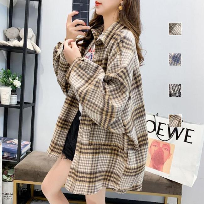 【即納】シャツブラウス 襟付き チェック柄 チェックシャツ 羽織り 韓国ファッション オーバーサイズ ゆったり レディース トップス