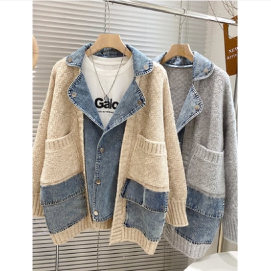 【取寄：納期2週間】ジャケット レディース アウター 羽織 デニム 異素材ミックス 厚手 カーディガン セーター カジュアル お出掛け おしゃれ ゆったり 体型カバー オーバーシルエット 暖かい
