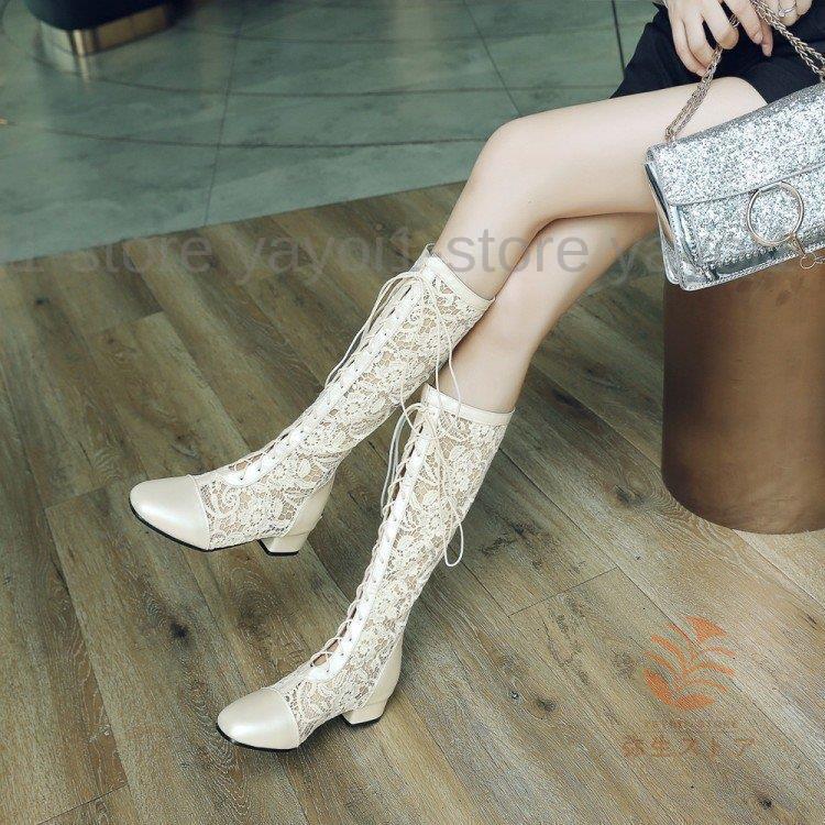 夏新作 サマーブーツ ブーツサンダル ローヒール ロングブーツ メッシュ 透かし彫り レースアップシューズ レディース とんがり 美脚/脚長 歩きやすい