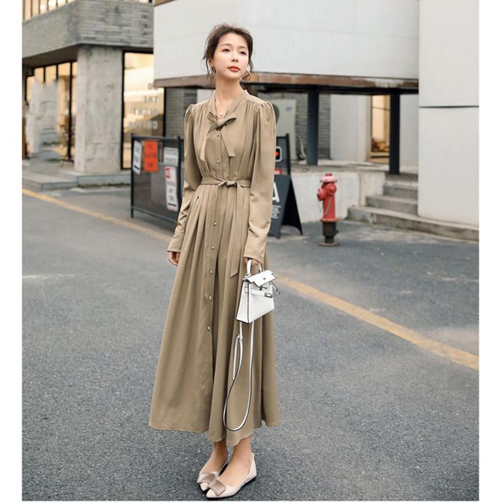 ドレス ワンピース ロングドレス 長袖 袖あり リボンタイ マキシ丈 Vネック 無地 エレガント シンプル