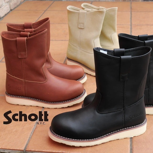 ショット メンズ ペコスブーツ 本革 ウエリントンブーツ 黒 レザーブーツ ブラック ブリックレッド ベージュ 革靴 S24100