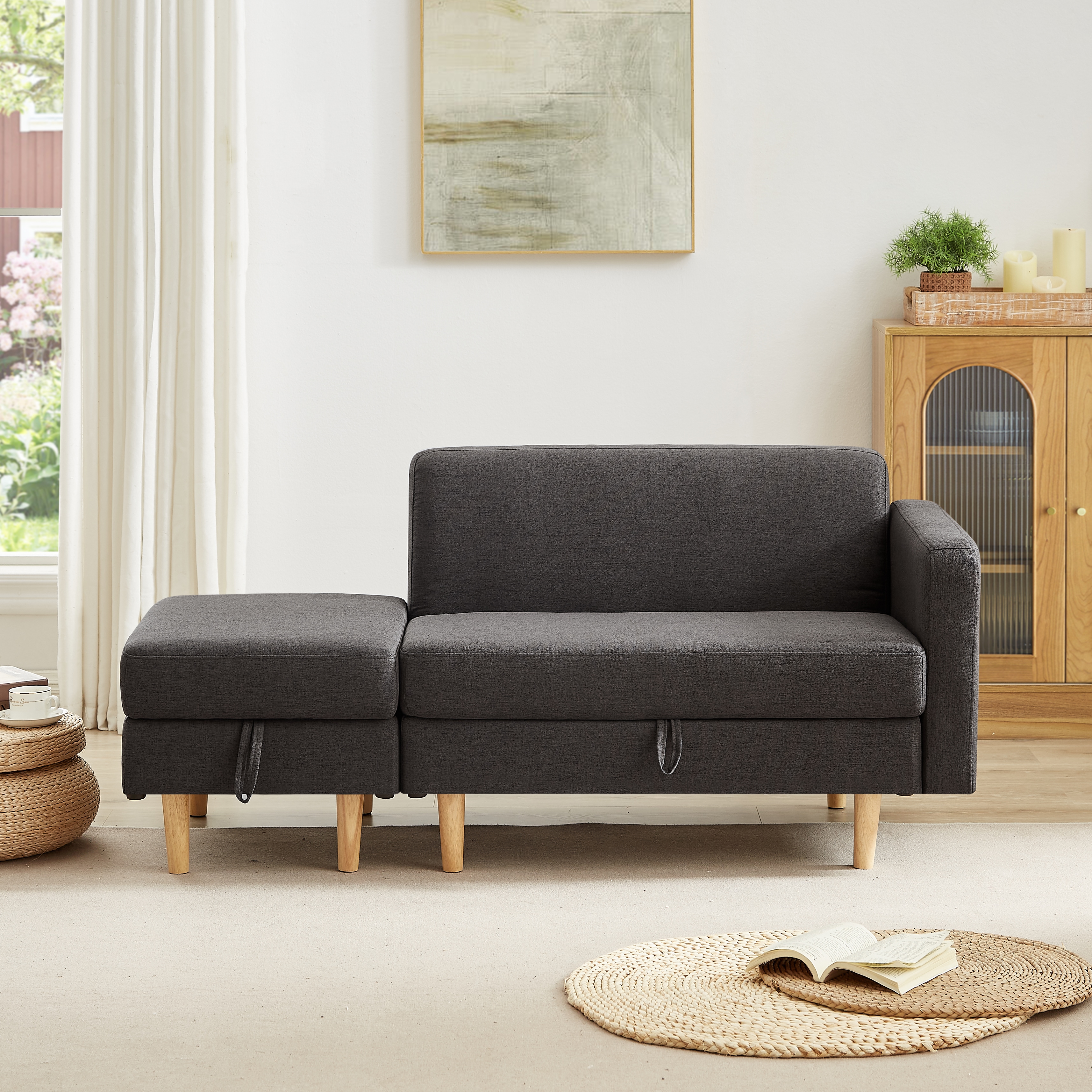 E103One Arm 2 Seater sofa+Ottoman ソファ 2人掛け 収納付き オットマン付き ファブリック 肘掛け 木脚外し可能 ローソファ コンパクト ひとり暮らし カウチソファー