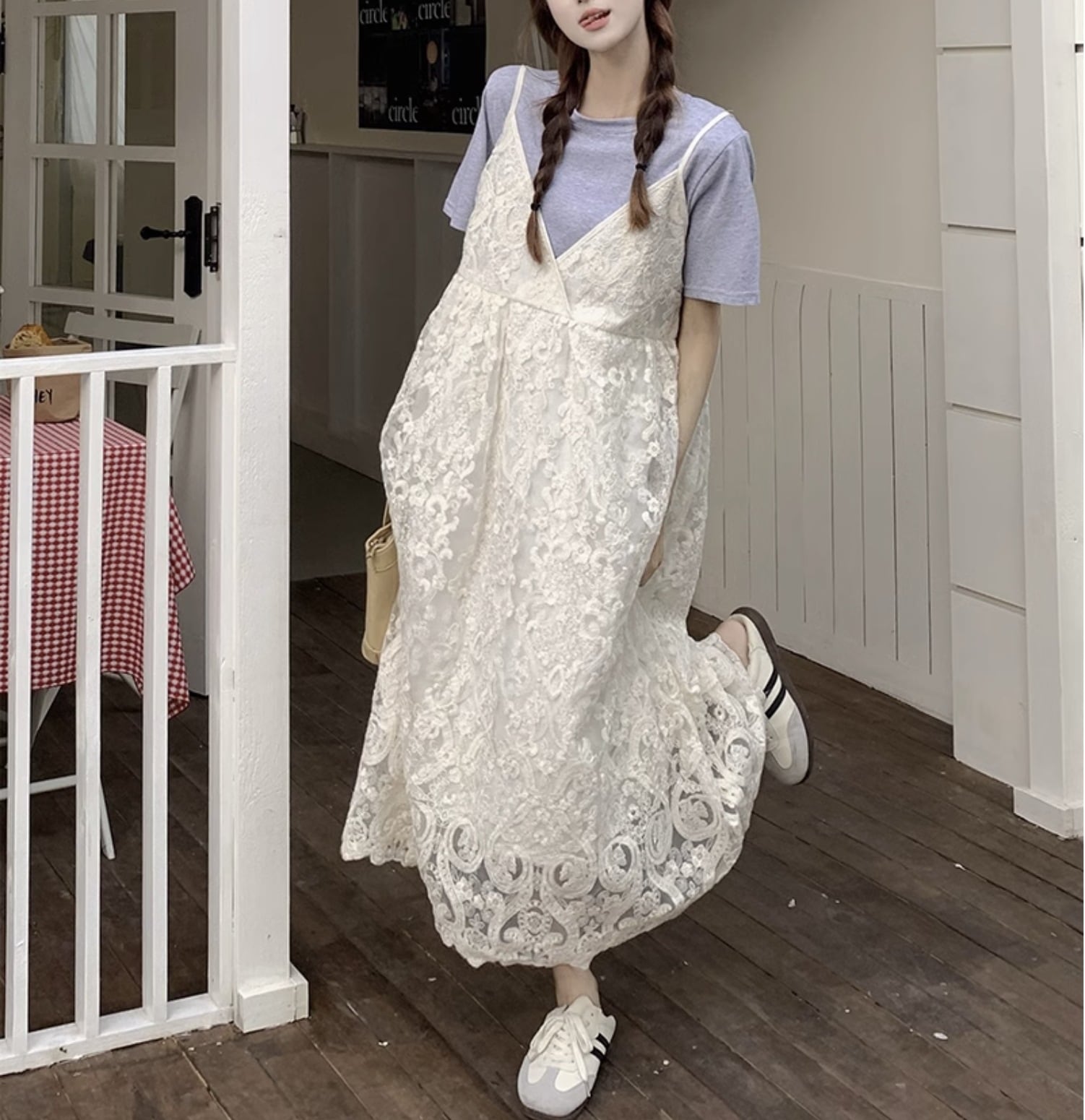 個性的 春 服 夏 服 スカート アンサンブル ワンピドレス キャミワンピ サロペット ロング 袖なし ノースリーブ Vネック フレア セミフレア Aライン 切り替えデザイン 総レース レー