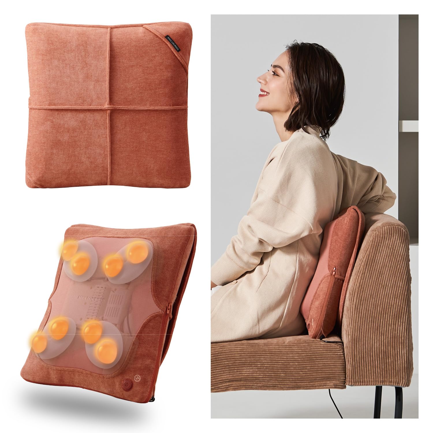 アテックス ATEX ルルド プレミアム マッサージクッション 首 腰 肩 背中 ダブルもみ オレンジブラウン AX-HC319br