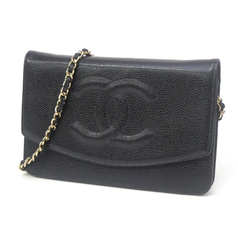 シャネル CHANEL チェーンウォレット チェーンショルダーバッグ ココマーク 黒 キャビアスキン 【中古】(66481)