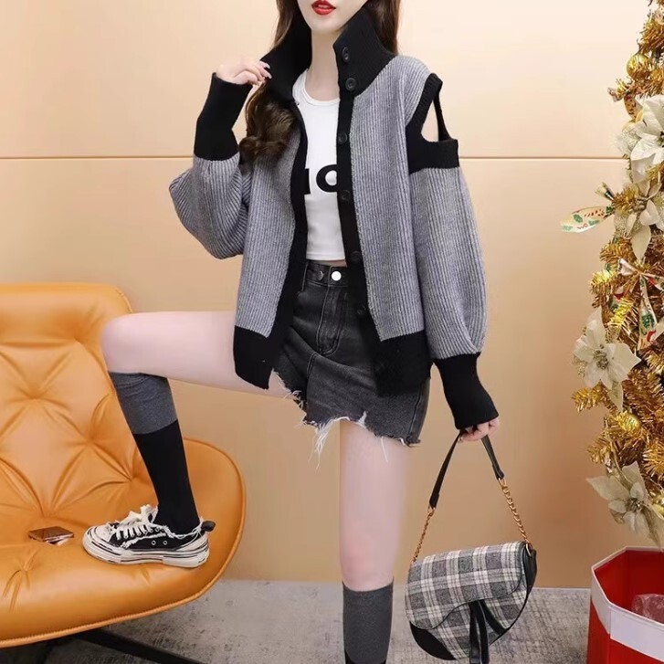 ジャケット カーディガン 長袖 オフショル スタンドアップカラー ニット かわいい 大人可愛い きれいめ シンプル カジュアル 大人 上品 おしゃれ お洒落 かっこいい レトロ 大人女子 こなれ感