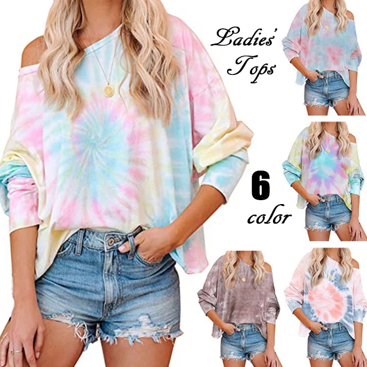 【超お得1つ買うと10個もらえる】急速出荷カットソー 長袖 レディース 女性用 タイダイ柄 絞り染め風 おしゃれ かわいい ドル